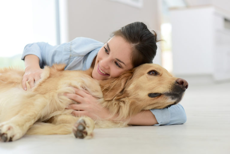 hund med fordøjelsesproblemer bliver krammet af ejer